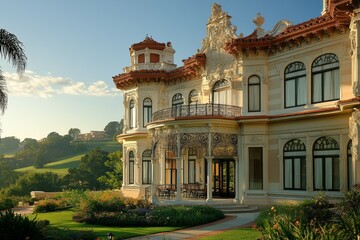 Fototapeta premium Spanish mansion, sunrise, garden, hills
