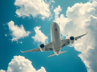 Passenger airplane with blue sky and white cloud, Generative AI Illustration.
