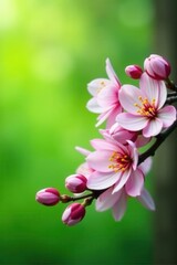 Obraz premium Delicate spring blossoms, vibrant green background, flora, petals, buds