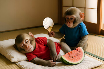 Baby Monkeys Enjoying a Peaceful Summer Nap with Watermelon in a Japanese Tatami Room