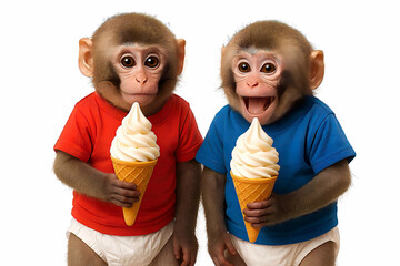 Adorable Baby Monkeys in Red and Blue Shirts Enjoying Ice Cream – Cute Summer Photo on White Background
