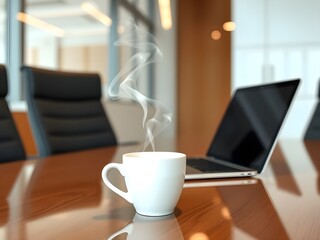 White coffee cup with laptop computer on office table for business concept, in clean office.