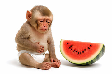 Baby Monkey with Stomachache After Eating Watermelon – Funny and Cute Animal Photo on White Background