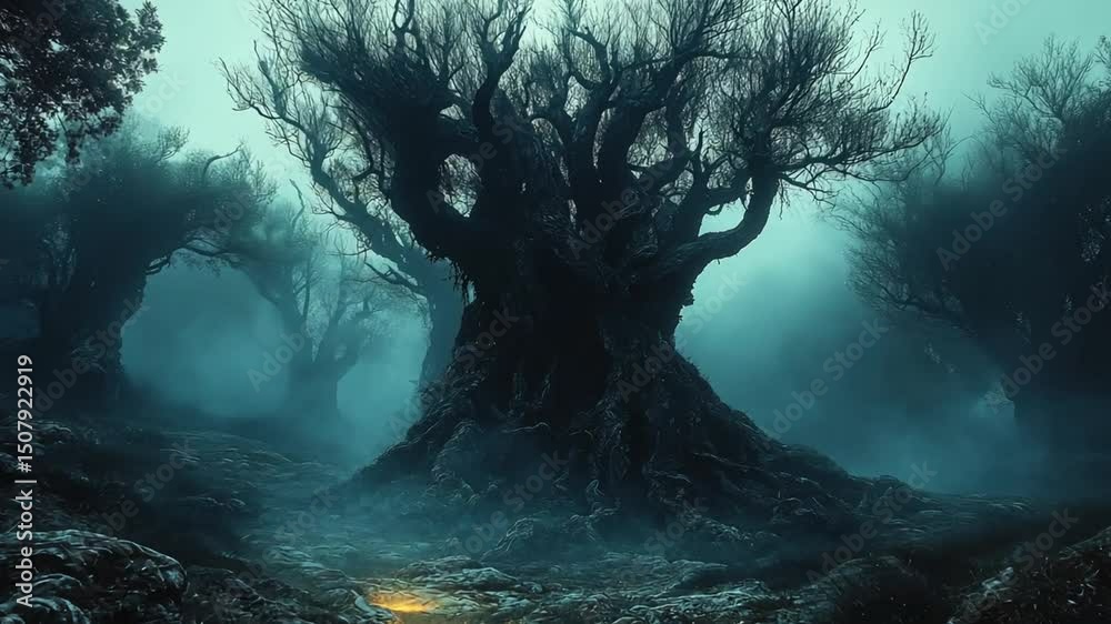 Wall mural enigmatic foggy forest with ancient twisted trees