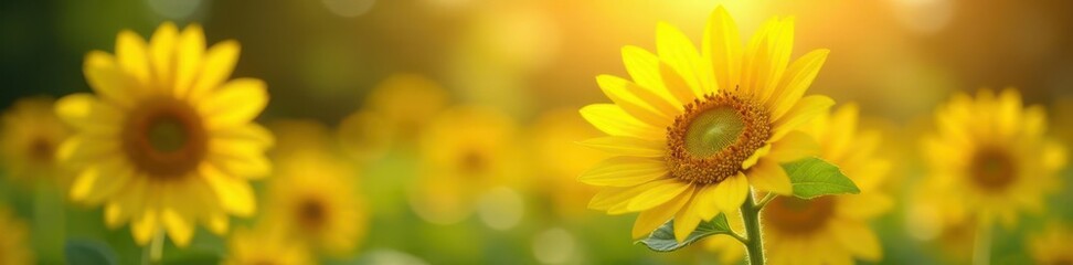 Obraz premium Single sunflower, vibrant yellow, bokeh summer background, light, bright, sunny