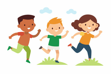 Vector illustration of children playing tag and running across a grassy field with joyful expressions