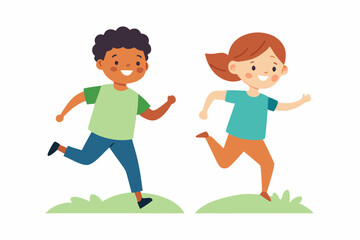 Vector illustration of children playing tag and running across a grassy field with joyful expressions
