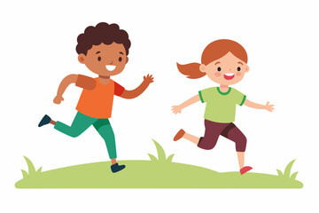 Vector illustration of children playing tag and running across a grassy field with joyful expressions