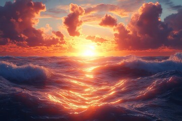 Ocean sunset, waves, vibrant sky, dramatic clouds, peaceful scene