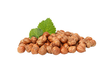 PNG, Whole peeled hazelnuts and leaves, isolated on white background