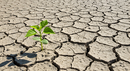 Lone Green Plant Sprouts Through Dry Cracked Earth Emphasizing Resilience in Harsh Environment