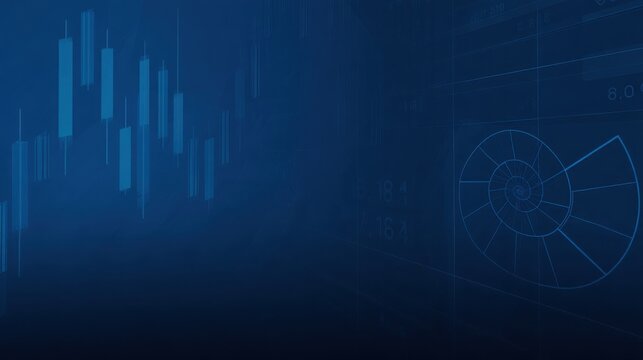 Dark blue background featuring line of data overlaid with fibonacci spiral showing fractal spiral concept