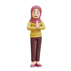 3D muslim girl character with hijab gesturing traditional greeting hand