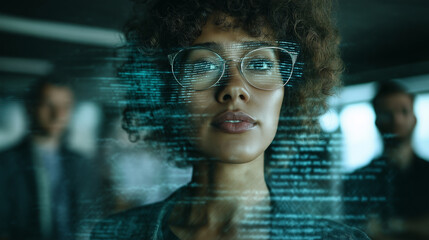 Confident businesswoman in the foreground with digital data and code overlay, while colleagues appear blurred in the background, symbolizing technology and teamwork.
