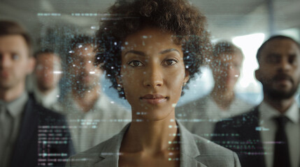 Confident businesswoman in the foreground with digital data and code overlay, while colleagues appear blurred in the background, symbolizing technology and teamwork.

