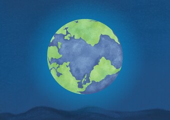 Fototapeta premium Global green Earth continent map in blue ocean space illustration
