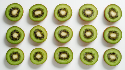 Fototapeta premium Top view of neatly arranged sliced kiwi halves on a white background, showcasing vibrant green color and pattern symmetry. 