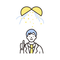 笑顔でグッドポーズをする男子高校生の上半身とくす玉のシンプルなイラスト素材