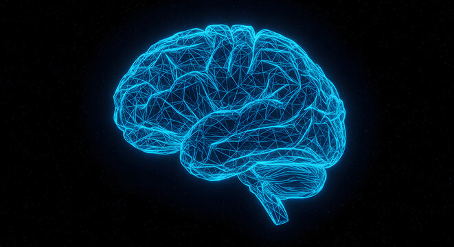 Luminous Blue Digital Brain Against Black Backdrop Representing Artificial Intelligence and Modern Technology