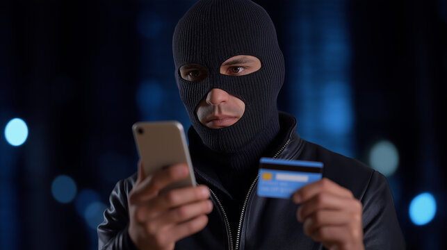 Man in a balaclava holding a smartphone and credit card, representing cybercrime, identity theft, and online fraud.

