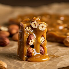 A toffee candy with visible nuts, partially melted and oozing, standing on a brown parchment paper. 