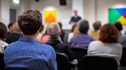 Audience attending a formal presentation or seminar in a modern room with abstract artwork on the walls.
