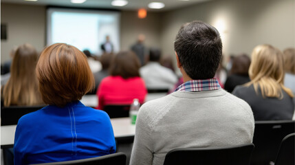 Audience attending a formal presentation or seminar in a modern room with abstract artwork on the walls.
