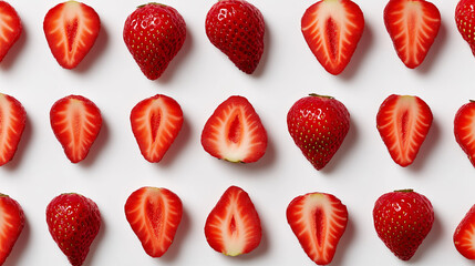 Top view of neatly arranged sliced strawberries on a white background, showcasing the vibrant red color and symmetry.
