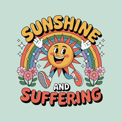 Retro cartoon walking smiled sun mascot character illustration for t-shirt print or poster design