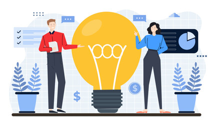 Two people near a large lightbulb, representing teamwork, inspiration, and creativity. Perfect for business concepts, innovation, and brainstorming.
