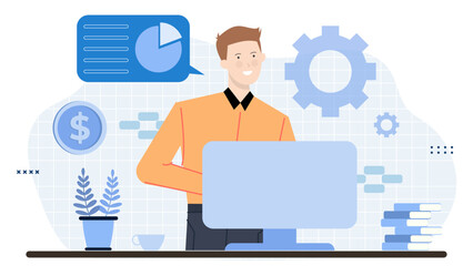 Man working on computer in office. Suitable for business, technology, workplace, office, workrelated projects, web design, and corporate presentations.