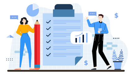 Man and woman collaborate on a checklist with a red pencil. Perfect for business, teamwork, organization, planning, and productivity concepts.