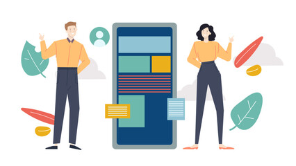 Man and woman near large phone. Suitable for technology concept. Communication, business, call center, customer service design projects.