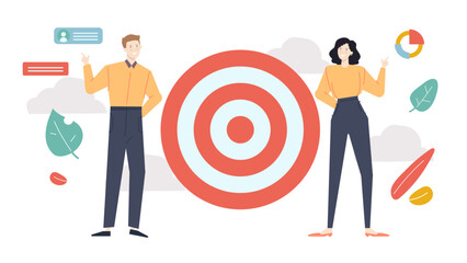 Two people pointing at a target, ideal for business success concepts, teamwork, goal setting, leadership, marketing strategies, and presentations.