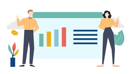 Two people presenting a bar graph, suitable for business presentations, data analysis reports, financial discussions, and teamwork concepts.