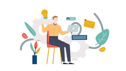 Man sitting on chair with laptop, suitable for technology, remote work, freelance, blogging, online education, web design, coding concepts.