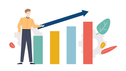 Man pointing to a bar graph with an arrow, ideal for business presentations, educational materials, data analysis concepts, financial reports.