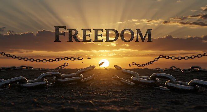 A symbolic image of broken chains and a rising sun, with the word 'Freedom' in bold, representing Juneteenth and emancipation