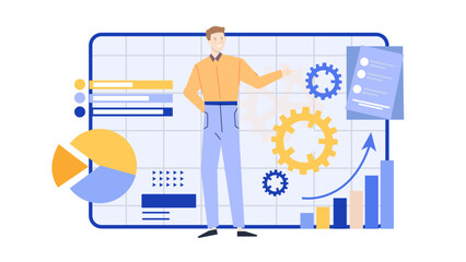 Man presenting a chart with gears and graphs for business presentations or technology concepts. Suitable for infographic designs or financial reports.