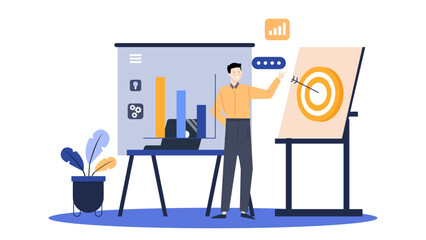 Man presenting a chart and a target, suitable for business presentations, goal setting concepts, financial reports, marketing strategies, and business planning.