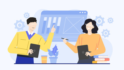 Two people collaborating with tablets, suitable for teamwork concepts, remote work, technology in business, project management, and coworking environments.