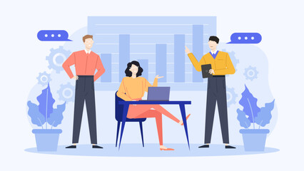 Team of three people collaborating on project. Ideal for teamwork concepts, business presentations, office environments, and leadership themes.