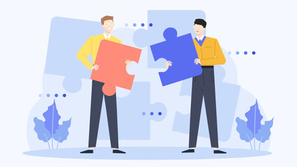 Two men hold puzzle pieces against a blue background. Ideal for teamwork, problem solving, partnership concepts in business presentations or marketing materials.