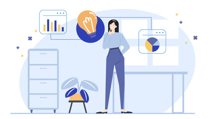 Woman thinking with light bulb and charts, suitable for business, innovation, brainstorming concepts in presentations, articles, social media posts.