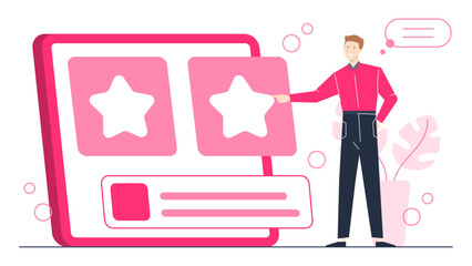 Man pointing at a pink website ideal for tech trends articles, online marketing strategies, digital design concepts, web development presentations.