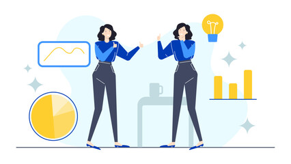 Two women discussing ideas while looking at graph charts and a light bulb. Great for business, innovation, teamwork concepts.