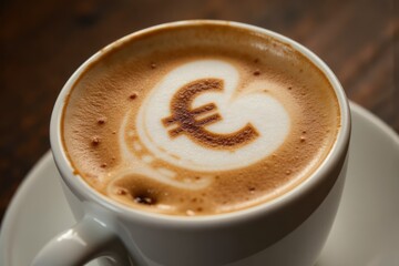 Euro symbol latte art on a cup of coffee.