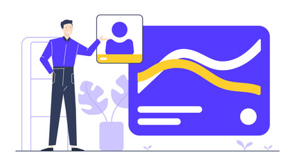 Man showing chart with blue profile pic, ideal for financial presentations, business reports, analytics articles, digital marketing concepts.
