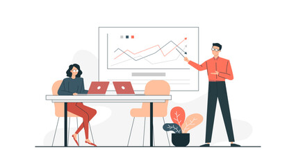 Fototapeta premium Two business professionals brainstorming in office with whiteboard and graphs; suitable for presentations, business blogs, marketing materials, and articles.