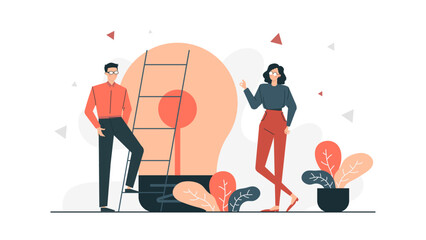 Man and woman near giant light bulb; creativity, innovation, teamwork visuals; business presentations, blog posts, social media graphics, inspirational content.